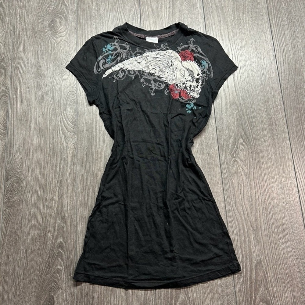 Crash & Burn Y2K Skull Wing Rhinestone Small Graphic T-Shirt Mini Dress Black